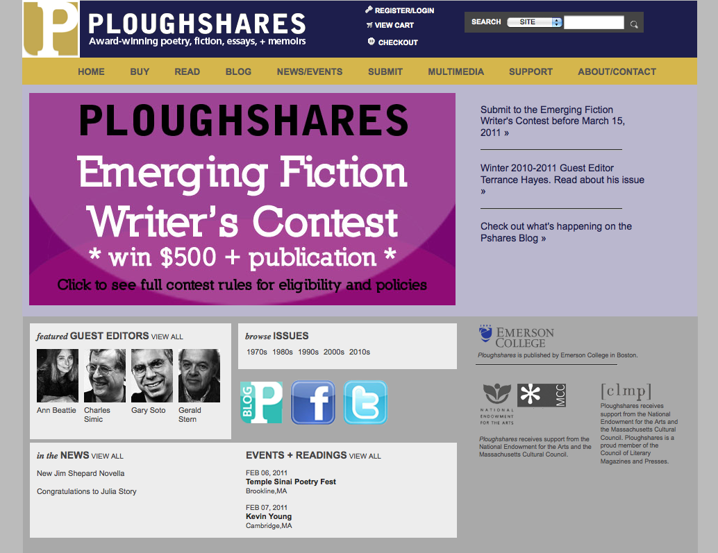 [Markets For Writers] Ploughshares Emerging Fiction Writers Contest