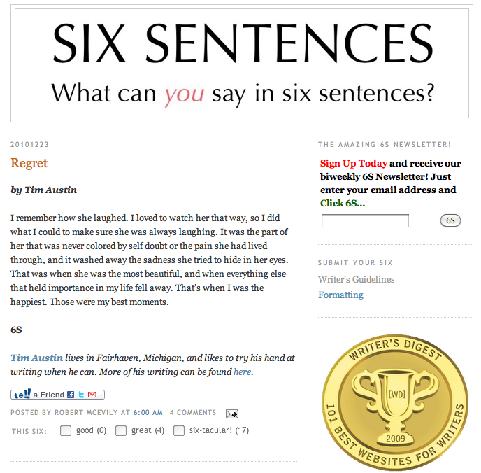[Markets for Writers] Six Sentences