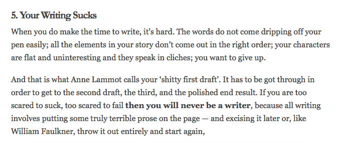 graphic extract from the article six reasons you'll never be a writer; 5, your writing sucks