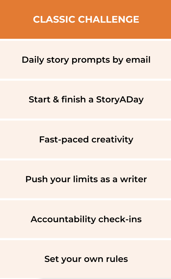 Daily prompts by email, Start and finish a storya day, fast-paced creativity, push your limits as a writer, accountability check-ins, set your own rules