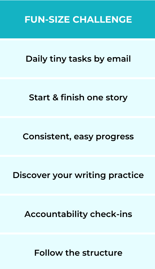 Tiny daily tasks by email, star and finish one story, consistent, easy progress, discover your writing practice, accountability check-ins, follow the structure