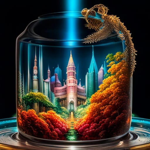 A glass jar containing a fantasy and including a forest and a path to a castle with turrets
