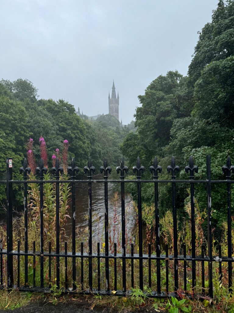 University of Glasgow Spire from the Snow Bridge over the River Kelvin