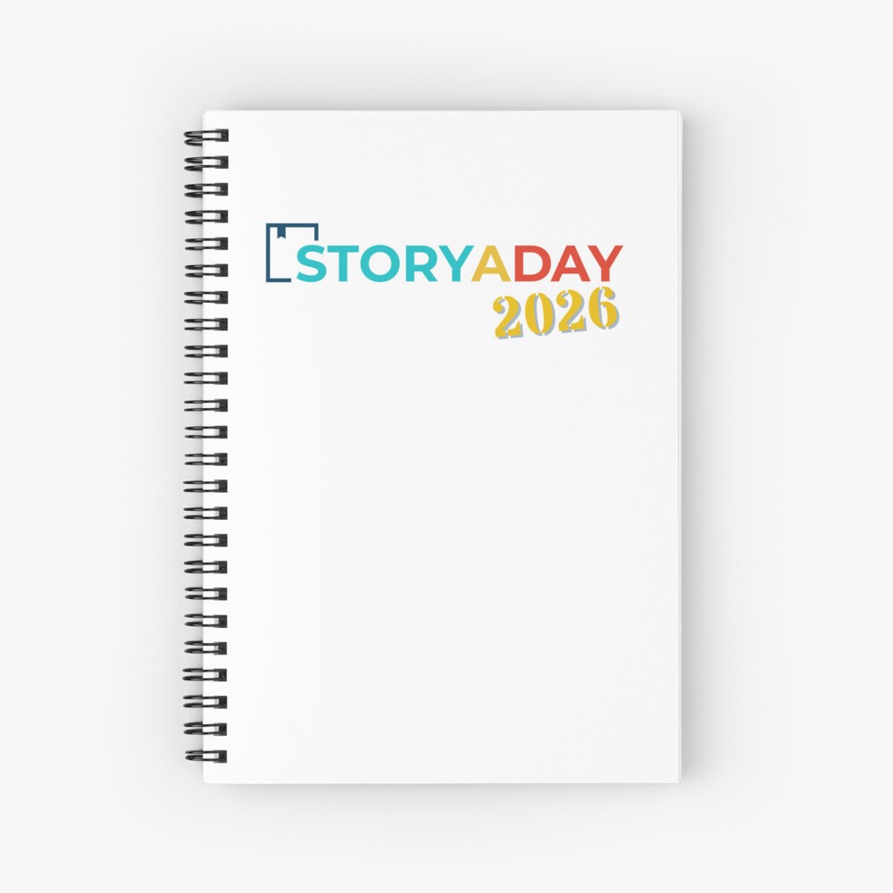 White spiral-bound notebook with colorful StoryADay 2026 logo on the front